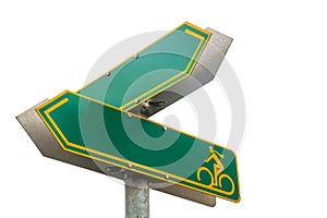 Isolated green signpost of a bike lane directions