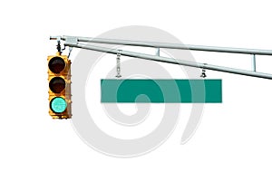 Isolated Green traffic signal light with sign