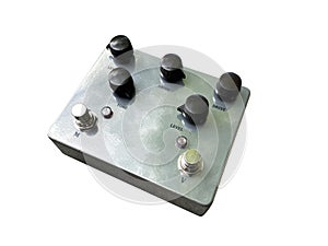 Isolated grey boutique overdrive stompbox electric guitar effect for studio and stage performed on white background
