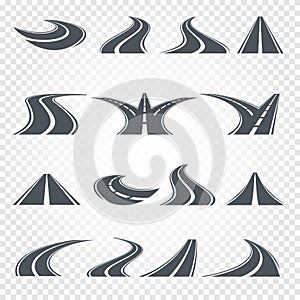 Isolated grey color road or highway with dividing markings on white background vector illustrations set.