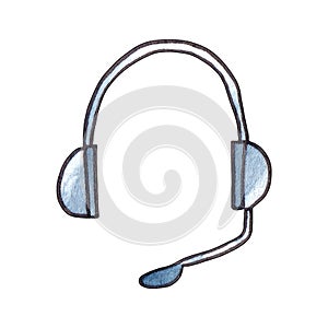 Isolated grey headphones with microphone, hand painted watercolor illustration, device