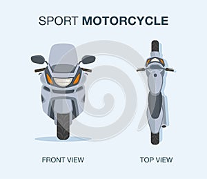 Isolated grey or white sport motorcycle. Front and top view.