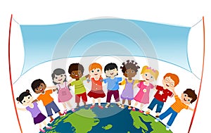 Isolated group of happy and smiling diverse and multiethnic children hugging each other and holding two rods with empty banner on