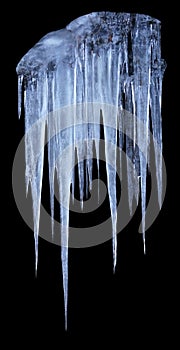 Isolated group of long blueish icicles on black background