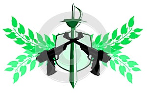 Isolated Guns label with sword and floral decoration isolated