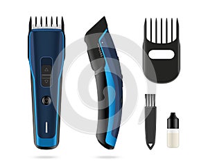 Isolated hair clipper. 3d blue trimmer. Barber tool with accesories. Electric haircut machine. Hairdresser instrument