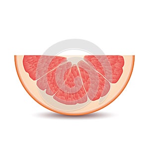 Isolated half of circle juicy pink color grapefruit with shadow on white background. Realistic colored slice.
