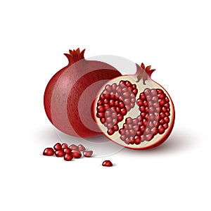 Isolated half of ruby colorful pomegranate and whole round fruit with handful of juicy red seeds on white background. Realistic