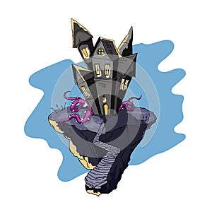 Isolated halloween castle. Cartoon scary house with spooky tentacles. Old tower party card. Holiday art