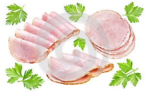 Isolated ham. Slices of smoked ham with parsley isolated on white background with clipping path