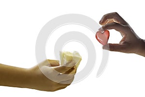 Isolated Hand boy holding the bread sandwich and holding a red candy shape heart on a white background