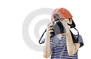 Isolated Hand boy holding the camera Taking pictures on a white background with clipping path