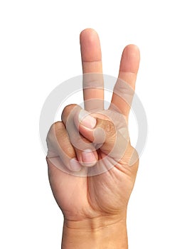 Isolated hand doing number two sign in white background