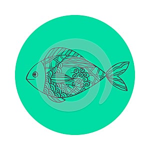 Isolated hand drawn black outline fish on sea green round background. Ornament of curve lines.