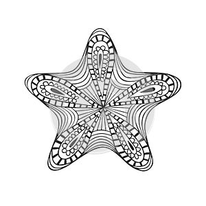 Isolated hand drawn black outline starfish on white background. Star ornament of curve lines.