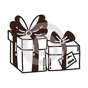 Isolated hand drawn doodle two gift boxes with bows. Flat vector illustration on white background.