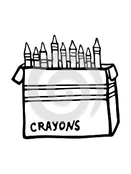 Isolated Hand drawn vector illustration of box of crayons. Art, drawing, wax crayons. Ink pen. Doodle.