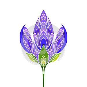 Isolated hand drawn white outline colored, coloured of violet, purple and green color ornate flower on white background. Ornament