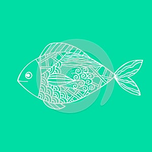 Isolated hand drawn white outline fish on sea green background. Ornament of curve lines.