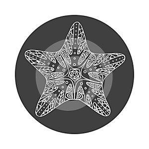 Isolated hand drawn white outline starfish on black round background. Star ornament of curve lines.