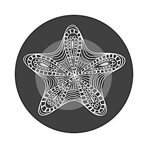 Isolated hand drawn white outline starfish on black round background. Star ornament of curve lines.