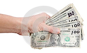 Isolated hand with fake dollars photo