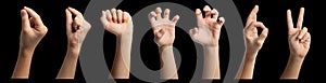 Isolated hand gestures and signals from Asian female child hand, multiple options. Includes clipping path.