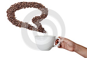 Isolated Hand Holding Cup and Coffee Bean Speech Bubble