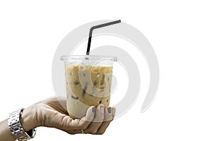 Isolated Hand holding a glass of cold espresso coffee on a white background with clipping path