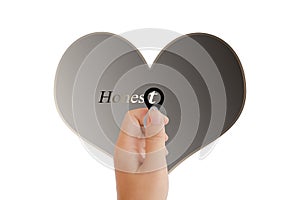 Isolated hand with lens and text honest with heart shape on whit