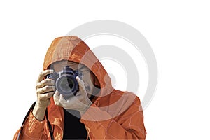 Isolated Hand man holding the camera Taking pictures on a white background with clipping path