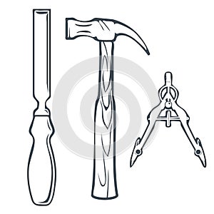 Isolated Hand Tools Chisel, Hummer and Compass. Vector