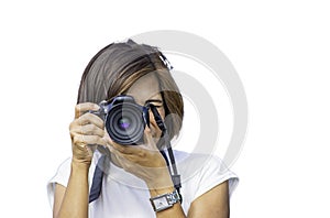 Isolated Hand woman holding the camera Taking pictures on a white background with clipping path