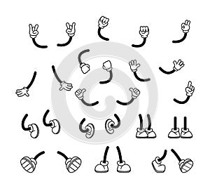 Isolated Hands and Legs in Cartoon Retro Style. Comic Foot In Shoes and Arms in Gloves. Vector Set of Stick Feet