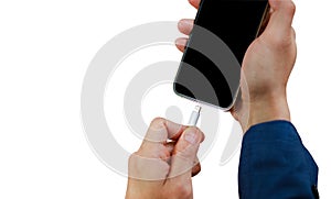 Isolated hands and smartphone on white background, Mockup image of hand holding mobile phone, man hand holding modern black phone