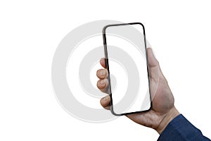 Isolated hands and smartphone on white background, Mockup image of hand holding mobile phone, man hand holding modern black phone