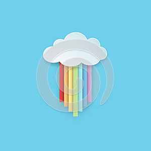 Isolated hanging cartoon rainbow colored ribbons with rainy cloud on the blue background. Paper art style.