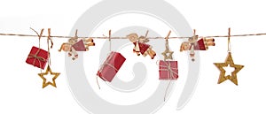 Isolated hanging red christmas gifts, angels and golden stars on