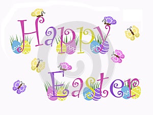 Isolated Happy Easter text with eggs, grass, butterflies with white background