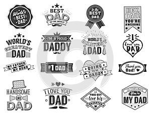 Isolated Happy fathers day quotes on the white background. Dad congratulation label, badge vector collection. Mustache photo