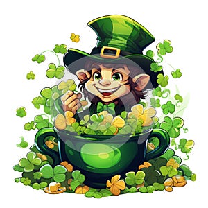 Isolated Happy and Smiling Young Leprechaun with his green clothes and hat sit behind a cauldron full of clovers