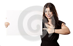 Isolated Happy Woman Pointing at Sign