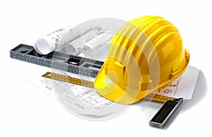 Isolated hard hat with blueprints and rulers