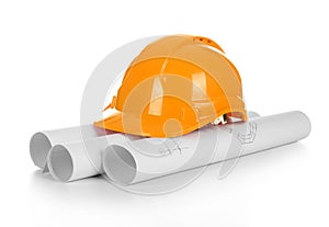 Isolated hard hat with blueprints