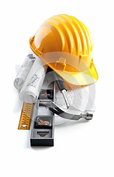 Isolated hard hat with tools and blueprint on whit photo
