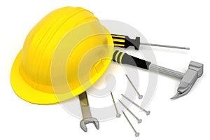 Isolated hard hat with tools on white