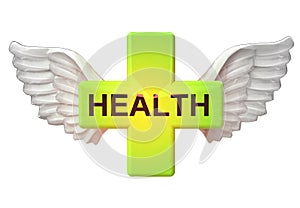 Isolated health cross with angelic wings transport on white