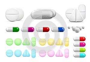 Isolated healthcare white pills, antibiotics or painkiller drugs. Vitamin pill, antibiotic capsule and pharmaceutical photo