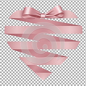 Isolated heart-shaped pink ribbon and bow for valentine`s day cards and backgrounds