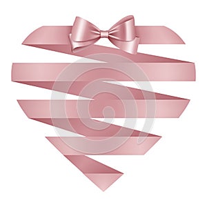 Isolated heart-shaped pink ribbon and bow for valentine`s day cards and backgrounds